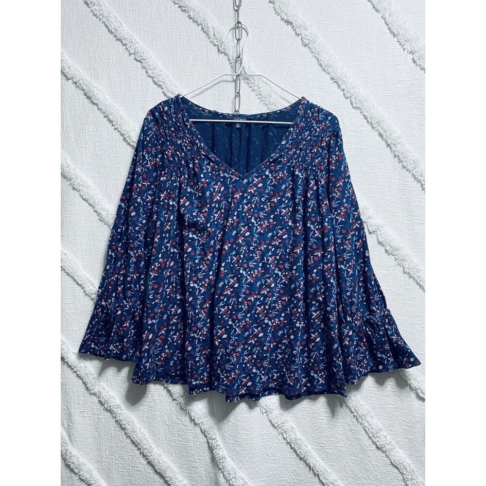 Lucky Brand SZ 2X Navy Mini Floral Boho Blouse V Neck 100% Viscose Casual Chic